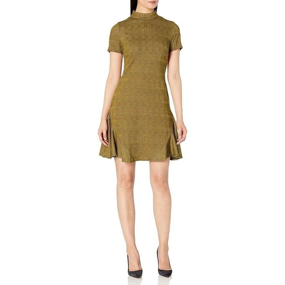 Nanette Lepore Women's Mock Neck Plaid Dress Size‎ 14 Side Panels Yellow Black